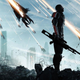 Mass Effect's Commander Shepard stands amid the rubble of Earth as the Reapers attack.